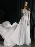 Long Sleeve Backless Wedding Dresses See Through Lace Top Beach Wedding Dress AWD1185-SheerGirl