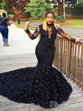 Long Sleeve Black Lace Mermaid Prom Dresses See Through Trumpet Formal Dress APD3366-SheerGirl