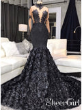 Long Sleeve Black Lace Mermaid Prom Dresses See Through Trumpet Formal Dress APD3366-SheerGirl