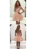 Long Sleeve Blush Pink Homecoming Dresses Illusion Neck Lace Top Hoco Dress ARD1542-SheerGirl