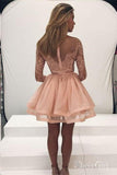 Long Sleeve Blush Pink Homecoming Dresses Illusion Neck Lace Top Hoco Dress ARD1542-SheerGirl