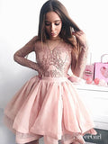 Long Sleeve Blush Pink Homecoming Dresses Illusion Neck Lace Top Hoco Dress ARD1542-SheerGirl