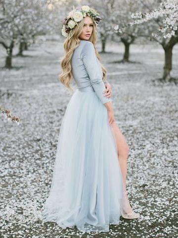 Long Sleeve Dusty Blue Wedding Dresses With Slit V Neck Velvet Rustic ...