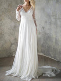 Long Sleeve Ivory Lace Beach Wedding Dresses Backless Boho Wedding Dress AWD1194-SheerGirl