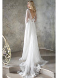 Long Sleeve Ivory Lace Beach Wedding Dresses Backless Boho Wedding Dress AWD1194-SheerGirl