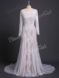 Long Sleeve Ivory Lace Wedding Dresses See Through Backless Boho Wedding Dresses AWD1115-SheerGirl