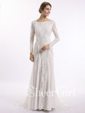 Long Sleeve Ivory Lace Wedding Dresses See Through Backless Boho Wedding Dresses AWD1115-SheerGirl