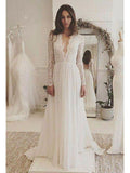 Long Sleeve Lace Top Beach Wedding Dresses V Neck Chiffon Wedding Dress AWD1149-SheerGirl