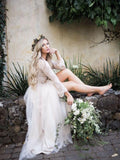 Long Sleeve Lace Top Beach Wedding Dresses With Slit Cheap Rustic Wedding Dress AWD1260-SheerGirl