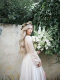 Long Sleeve Lace Top Beach Wedding Dresses With Slit Cheap Rustic Wedding Dress AWD1260-SheerGirl