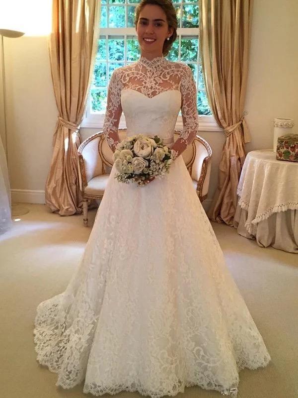 Long Sleeve Modest Lace Wedding Dresses Backless Ivory Wedding Dresses –  SheerGirl