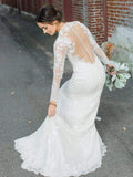 Long Sleeve Modest Sheath Lace Wedding Dresses with Court Train AWD1290-SheerGirl