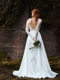 Long Sleeve Modest White Wedding Dresses Satin Plus Size Beach Wedding Dress AWD1193-SheerGirl