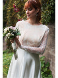 Long Sleeve Modest White Wedding Dresses Satin Plus Size Beach Wedding Dress AWD1193-SheerGirl