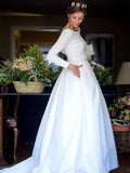 Long Sleeve Royal Wedding Dresses Backless White Ball Gown Wedding Dress with Pocket AWD1237-SheerGirl