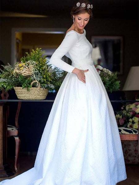 3/4 Sleeve Modest Wedding Dresses Backless Simple Long Sleeve