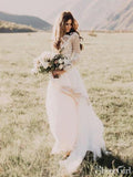 Long Sleeve Rustic Weding Dresses Lace Appliqued Ivory Beach Wedding Dress AWD1159-SheerGirl