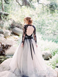 Long Sleeves Halloween Wedding Dresses Black Appliqued Bridal Dresses AWD1638-SheerGirl