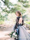 Long Sleeves Halloween Wedding Dresses Black Appliqued Bridal Dresses AWD1638-SheerGirl