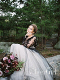 Long Sleeves Halloween Wedding Dresses Black Appliqued Bridal Dresses AWD1638-SheerGirl