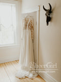 Long Sleeves Rustic Lace Weding Dresses Appliqued Ivory Beach Wedding Dress AWD1789-SheerGirl