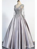 Long Sleeves Silver Grey Prom Dresses Beaded Lace Appiqued Evening Ball Gowns ARD1036-SheerGirl