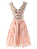 Mini V Neck Champagne Beaded Chiffon Peach Short Homecoming Dresses ARD1487-SheerGirl