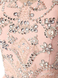 Mini V Neck Champagne Beaded Chiffon Peach Short Homecoming Dresses ARD1487-SheerGirl