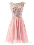 Mini V Neck Champagne Beaded Chiffon Peach Short Homecoming Dresses ARD1487-SheerGirl