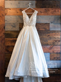 Modern and Elegant Satin Wedding Dress A Line V Neck Beading Bodice Bridal Gown AWD1775-SheerGirl