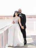 Modern and Elegant Satin Wedding Dress A Line V Neck Beading Bodice Bridal Gown AWD1775-SheerGirl