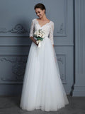 Modes 3/4 Sleeve Wedding Dresses Ivory Lace Top Beach Wedding Dresses AWD1086-SheerGirl