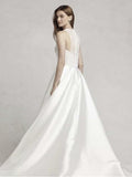 Modest V Neck Ivory Ball Gown Wedding Dresses Lace Applique Bridal Dress AWD1233-SheerGirl