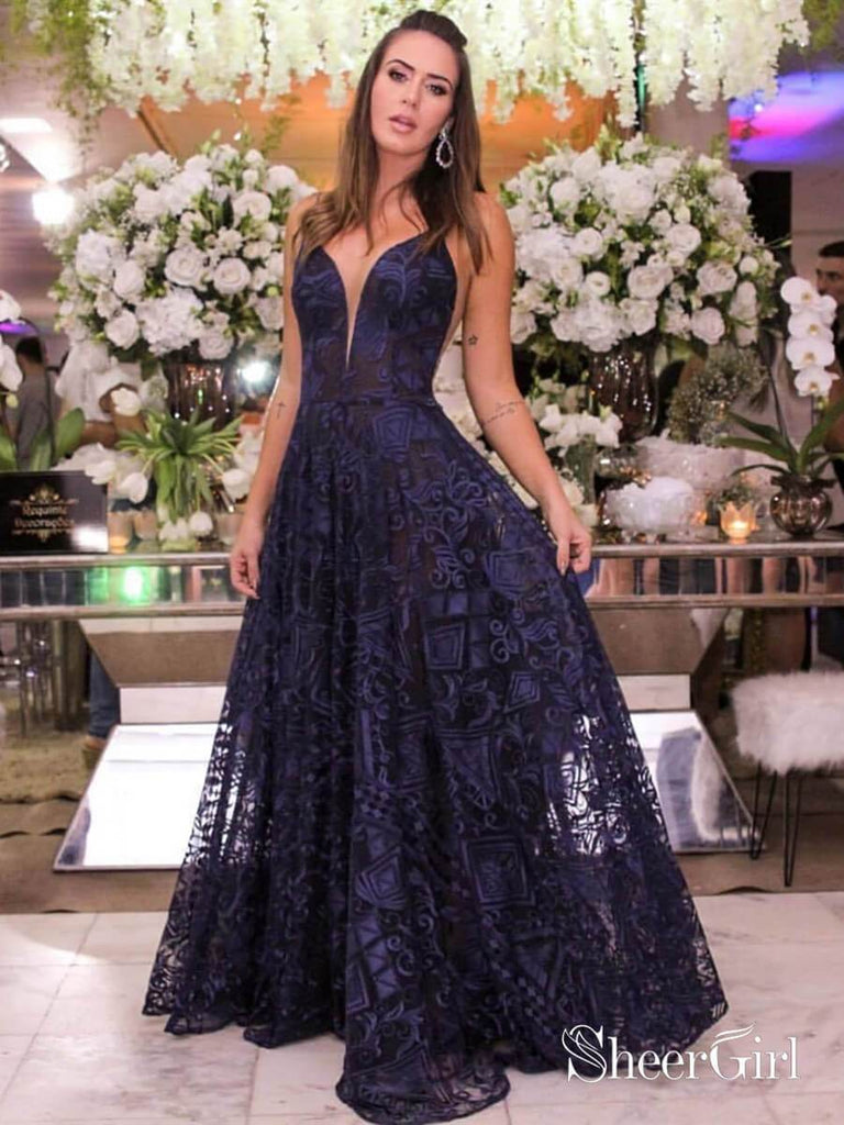 Navy Blue Lace Long Prom Dresses Spaghetti Strap V Neck Formal Dress A ...