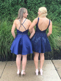 Navy Blue Satin Homecoming Dresses Short Lace Homecoming Dress with Pocket ARD1707-SheerGirl