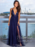 Navy Tulle Maxi Dress with Sequin Top High Slit Sparkly Long Prom Dress ARD2580-SheerGirl