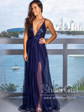 Navy Tulle Maxi Dress with Sequin Top High Slit Sparkly Long Prom Dress ARD2580-SheerGirl