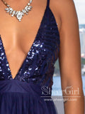 Navy Tulle Maxi Dress with Sequin Top High Slit Sparkly Long Prom Dress ARD2580-SheerGirl