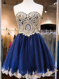 Navy Tulle with Gold Lace Appliqued Sweetheart Neck Homecoming Dresses,apd1598-SheerGirl