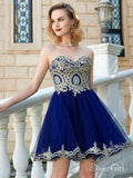 Navy Tulle with Gold Lace Appliqued Sweetheart Neck Homecoming Dresses,apd1598-SheerGirl