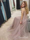 Nude Organza Prom Dresses Long Lace Applique Beaded Evening Gowns ARD1452-SheerGirl