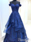 Vestido de fiesta azul real con hombros descubiertos, escote corazón dulce, corpiño con apliques, falda con textura, vestido de fiesta ARD2523