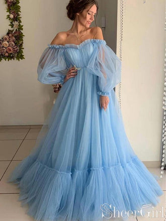 Sky Blue Double Spaghetti Straps High Slit Sexy Party Dress A Line Floor  Length Satin Prom Dress ARD2574