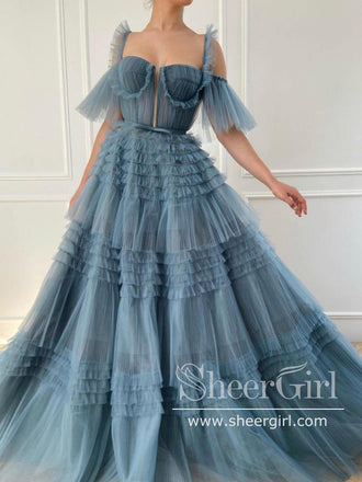 Strapless Ruffle Tulle High Low Ball Gown Tiered Simple Prom Dress