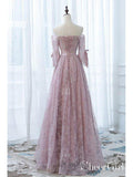 Off the Shoulder 3/4 Sleeve Lace Prom Dresses Pink Beaded Formal Evening Gowns ARD1009-SheerGirl