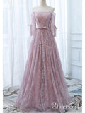 Off the Shoulder 3/4 Sleeve Lace Prom Dresses Pink Beaded Formal Evening Gowns ARD1009-SheerGirl