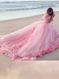 Off the Shoulder Appliqued Pink Ball Gown Wedding Dresses AWD1130-SheerGirl