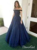 Off the Shoulder Beaded Navy Blue Prom Dresses Long Tulle Quinceanera Dress APD3412-SheerGirl