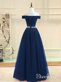 Off the Shoulder Beaded Prom Dresses Navy Blue Long Prom Dresses APD3420-SheerGirl