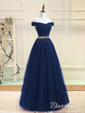 Off the Shoulder Beaded Prom Dresses Navy Blue Long Prom Dresses APD3420-SheerGirl